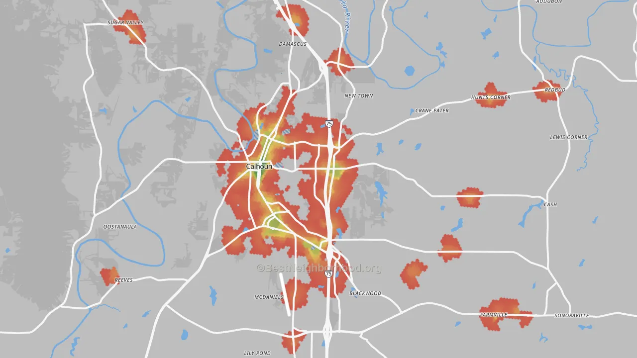 Walk Grade map of Calhoun, GA, walkable areas in green and car-dependent areas in red