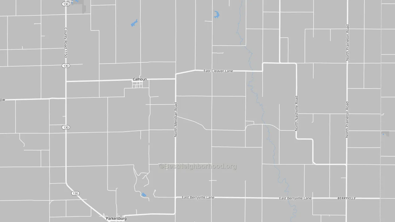 Walk Grade map of Calhoun, IL, walkable areas in green and car-dependent areas in red
