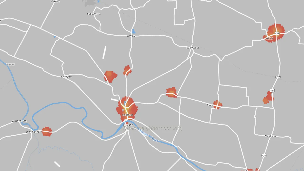 Walk Grade map of Calhoun, KY, walkable areas in green and car-dependent areas in red