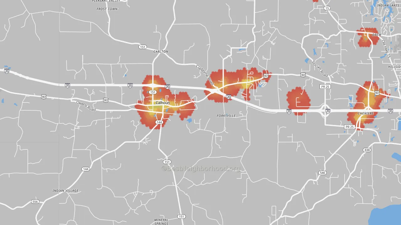 Walk Grade map of Calhoun, LA, walkable areas in green and car-dependent areas in red