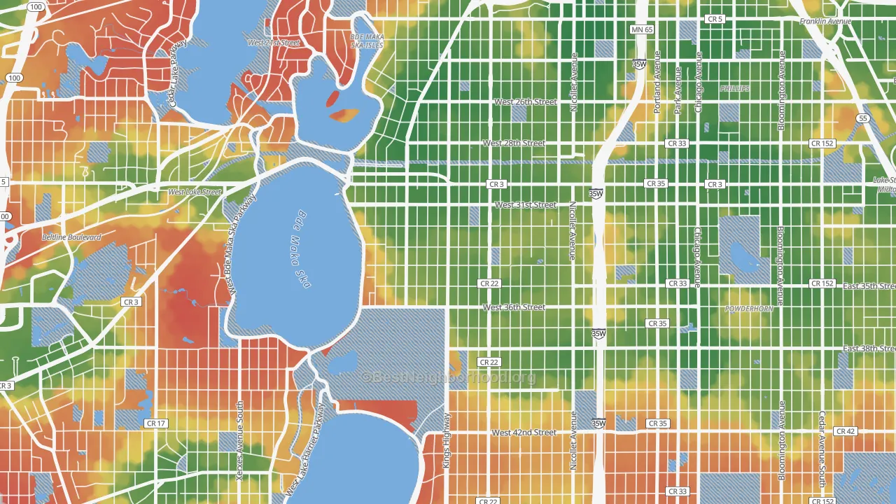Walk Grade map of Calhoun, Minneapolis, MN, walkable areas in green and car-dependent areas in red