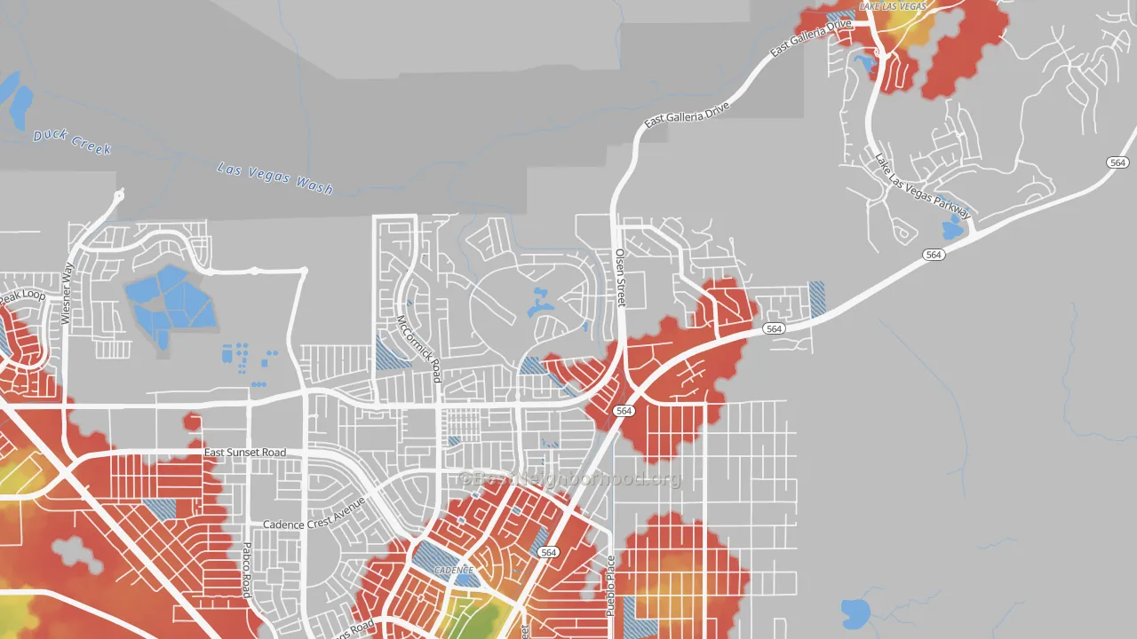 Walk Grade map of Calico Ridge, Henderson, NV, walkable areas in green and car-dependent areas in red