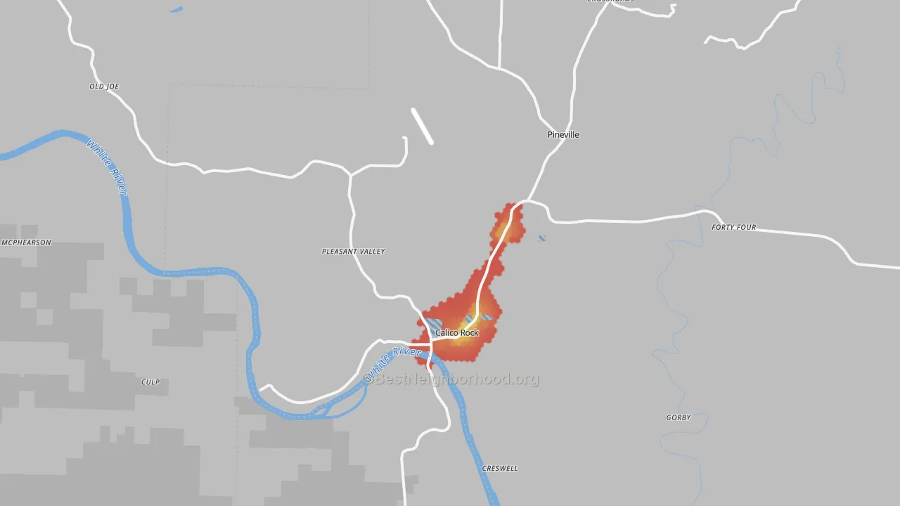 Walk Grade map of Calico Rock, AR, walkable areas in green and car-dependent areas in red