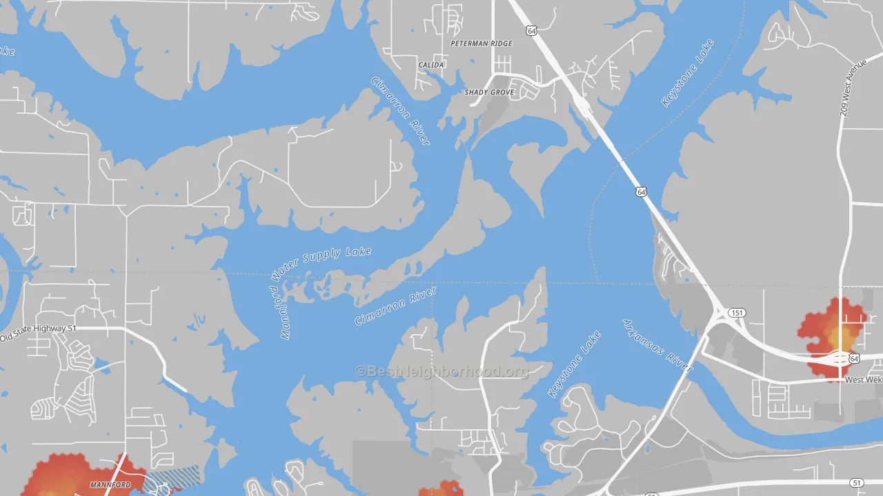 Walk Grade map of Calida, OK, walkable areas in green and car-dependent areas in red