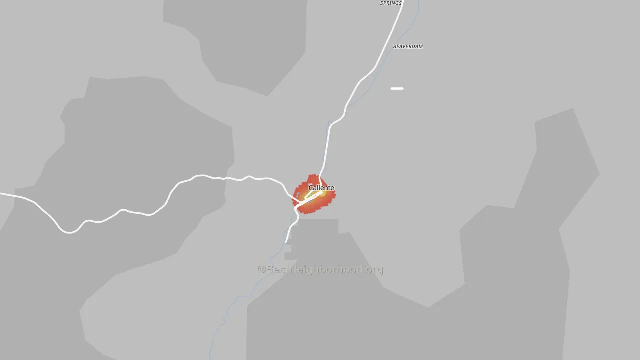 Walk Grade map of Caliente, NV, walkable areas in green and car-dependent areas in red