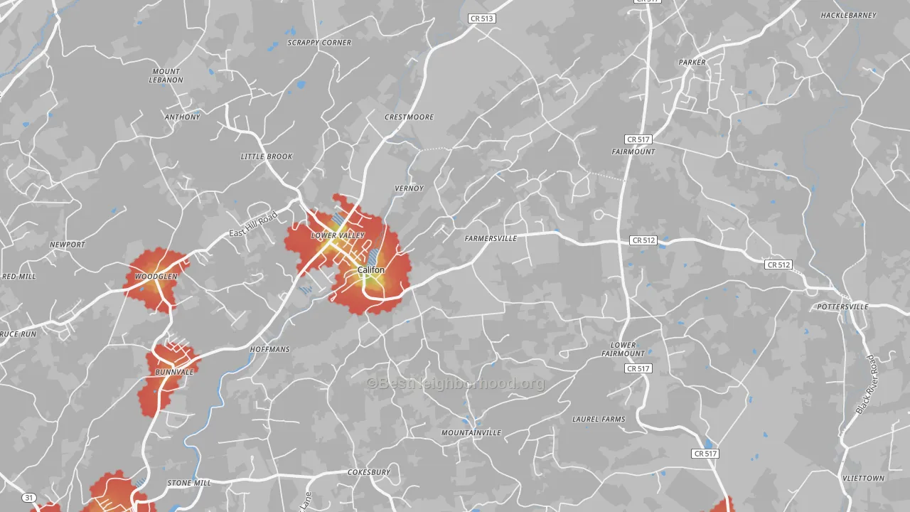 Walk Grade map of Califon, NJ, walkable areas in green and car-dependent areas in red
