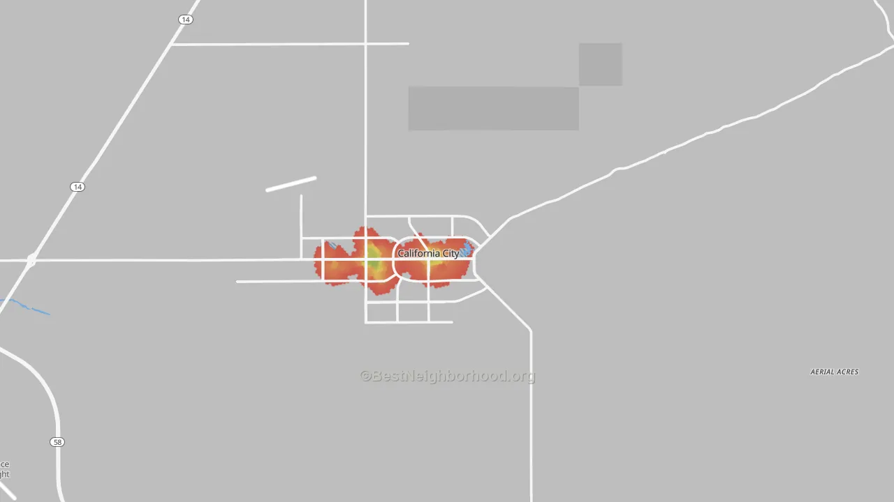 Walk Grade map of California City, CA, walkable areas in green and car-dependent areas in red