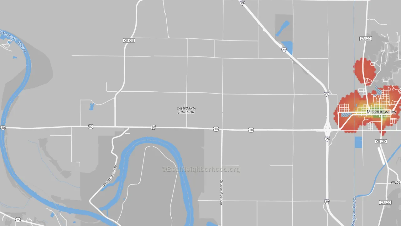 Walk Grade map of California Junction, IA, walkable areas in green and car-dependent areas in red