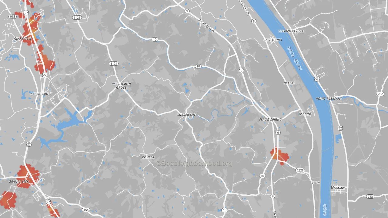 Walk Grade map of California, KY, walkable areas in green and car-dependent areas in red