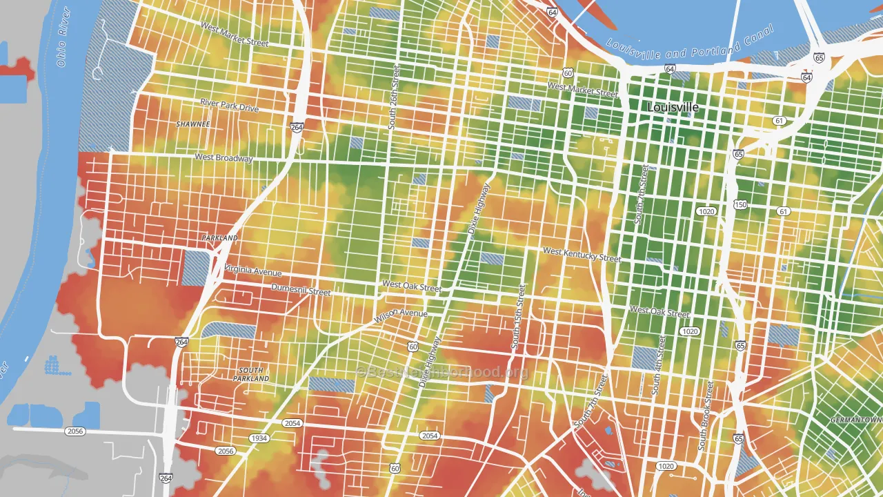 Walk Grade map of California, Louisville, KY, walkable areas in green and car-dependent areas in red