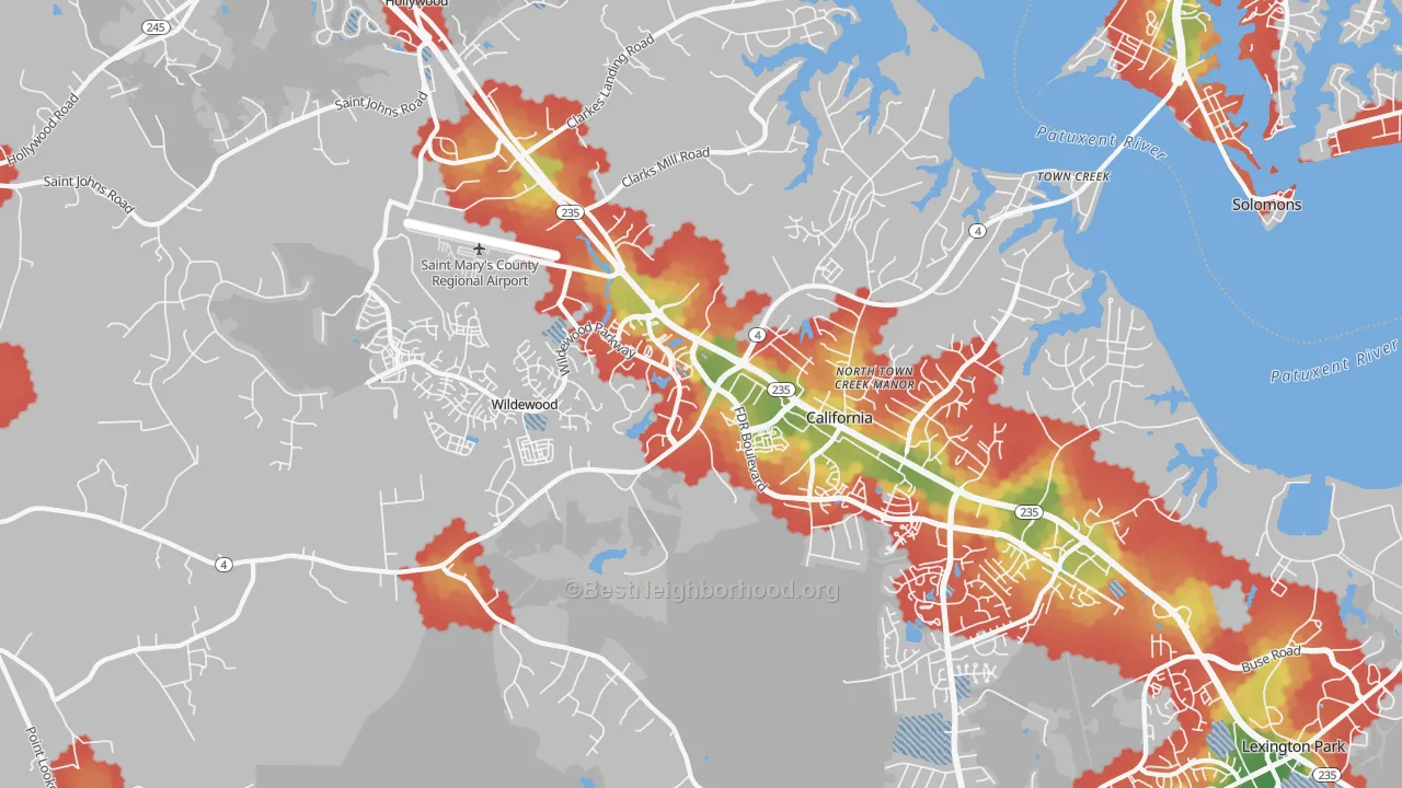 Walk Grade map of California, MD, walkable areas in green and car-dependent areas in red