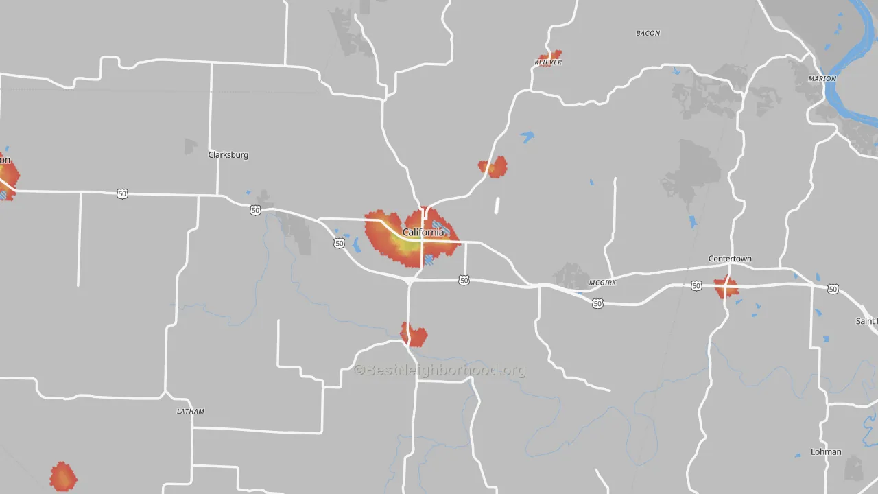 Walk Grade map of California, MO, walkable areas in green and car-dependent areas in red