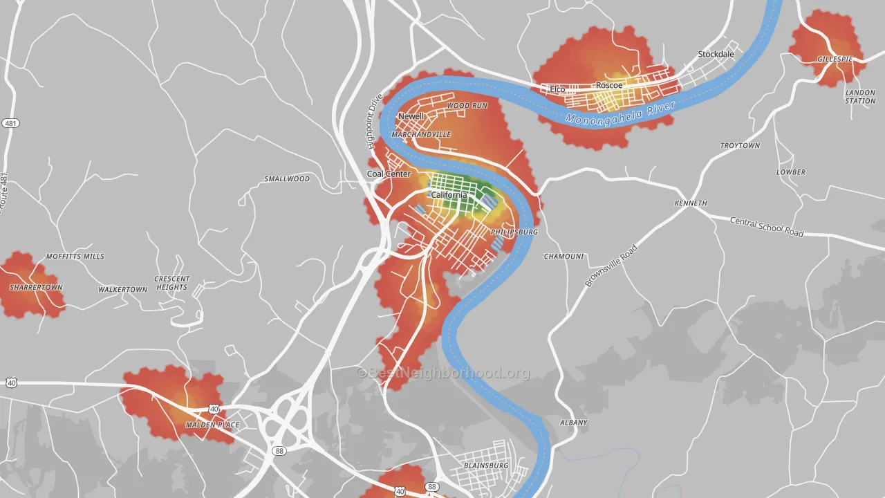Walk Grade map of California, PA, walkable areas in green and car-dependent areas in red