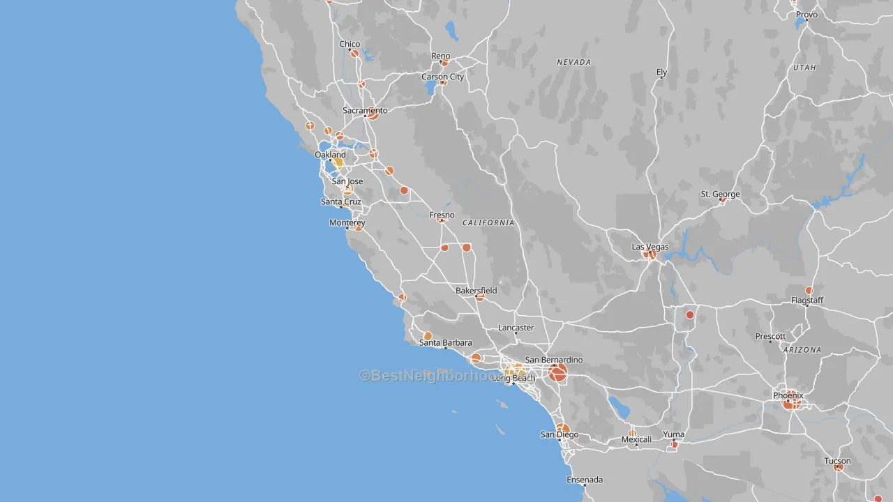 Walk Grade map of California, walkable areas in green and car-dependent areas in red
