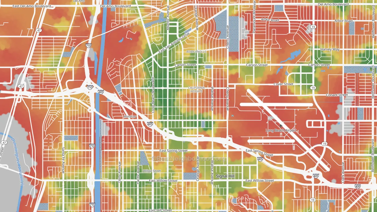 Walk Grade map of Californial Heights, Long Beach, CA, walkable areas in green and car-dependent areas in red
