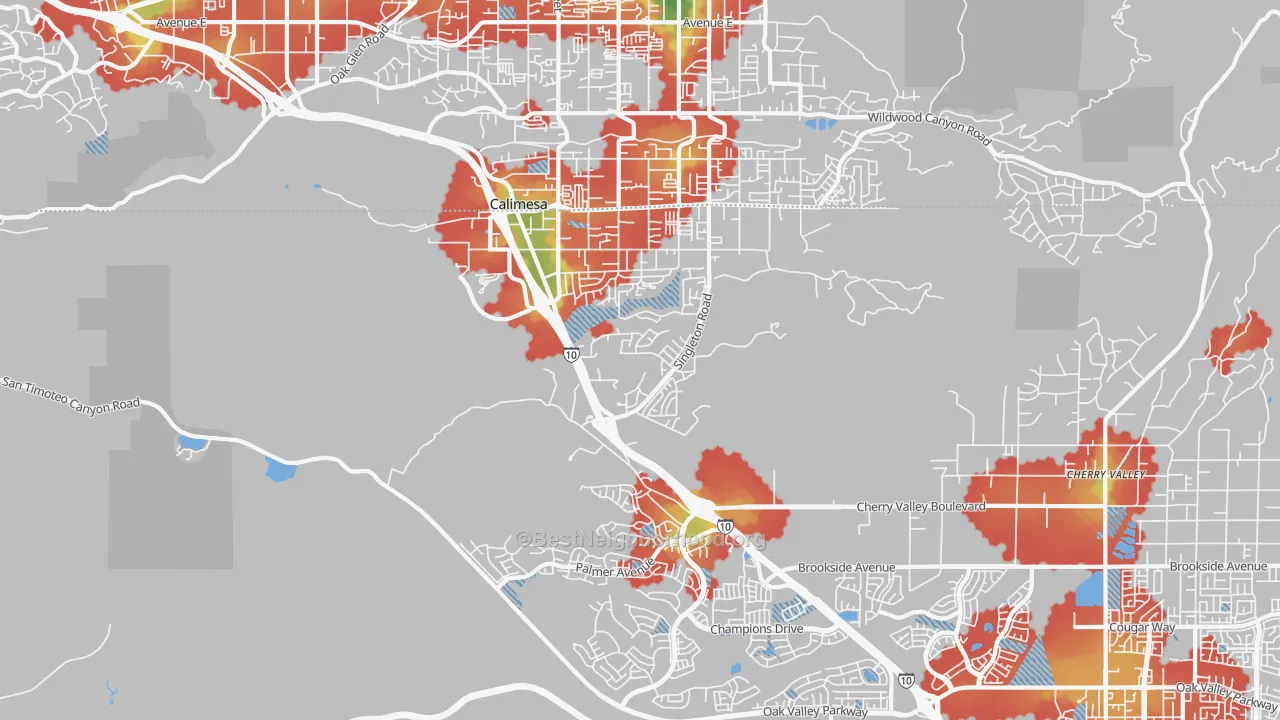 Walk Grade map of Calimesa, CA, walkable areas in green and car-dependent areas in red