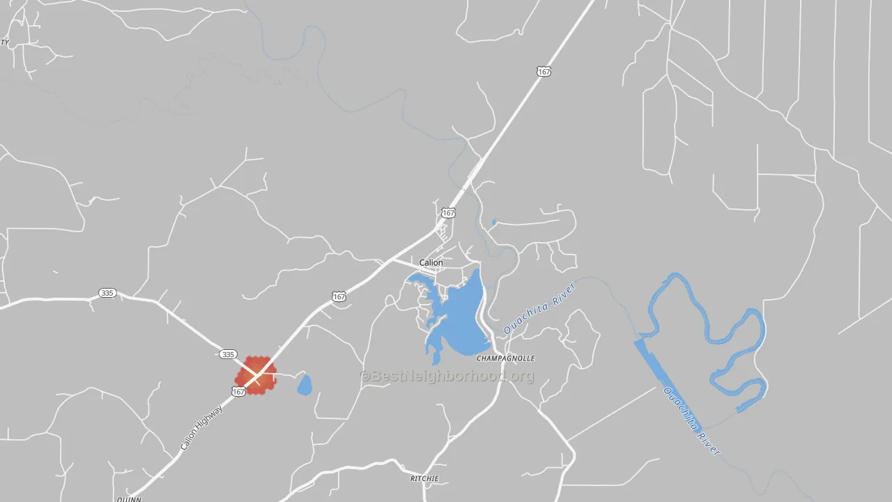 Walk Grade map of Calion, AR, walkable areas in green and car-dependent areas in red