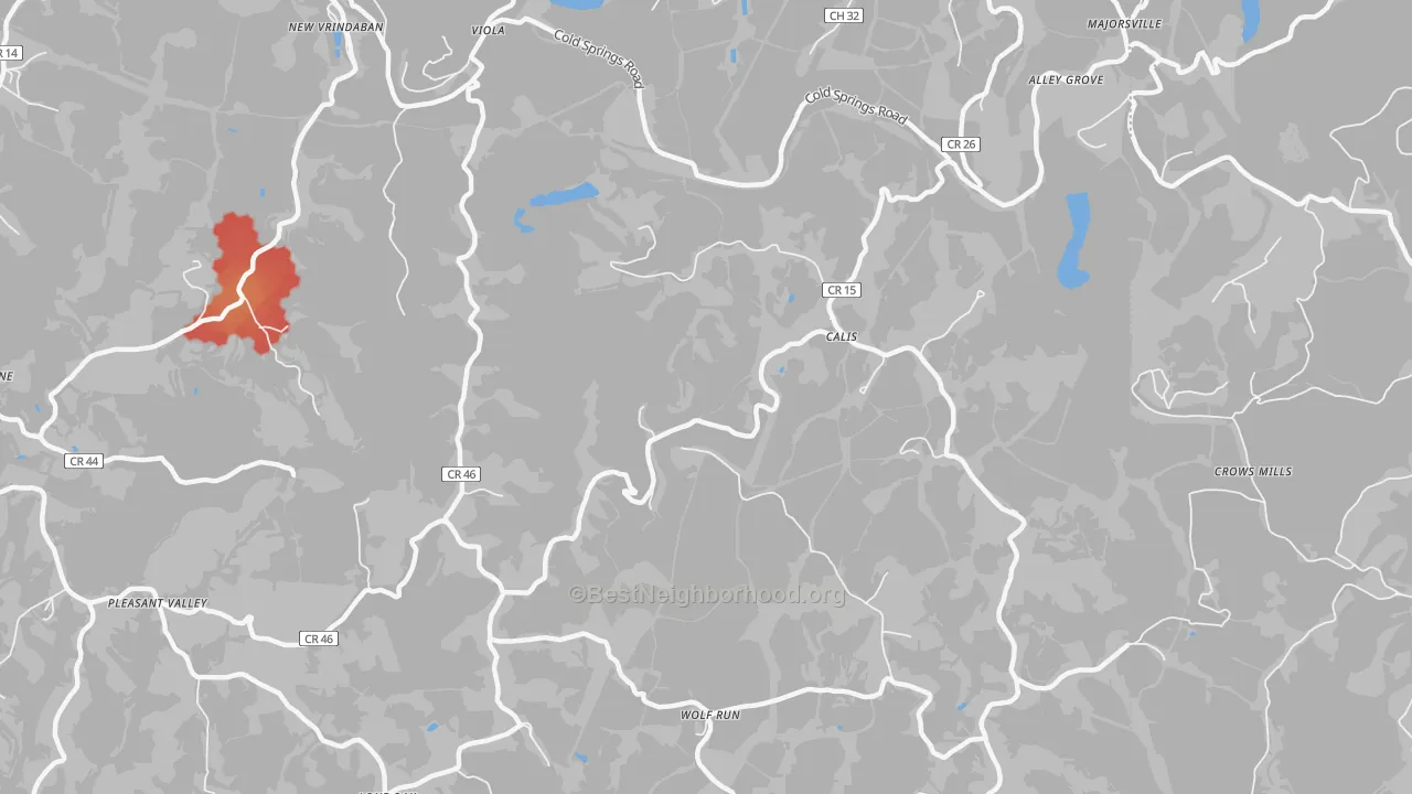 Walk Grade map of Calis, WV, walkable areas in green and car-dependent areas in red