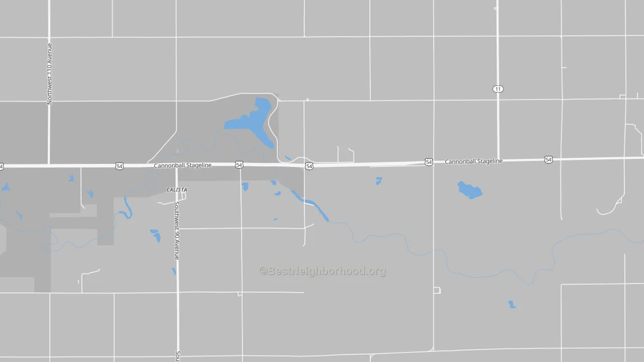 Walk Grade map of Calista, KS, walkable areas in green and car-dependent areas in red