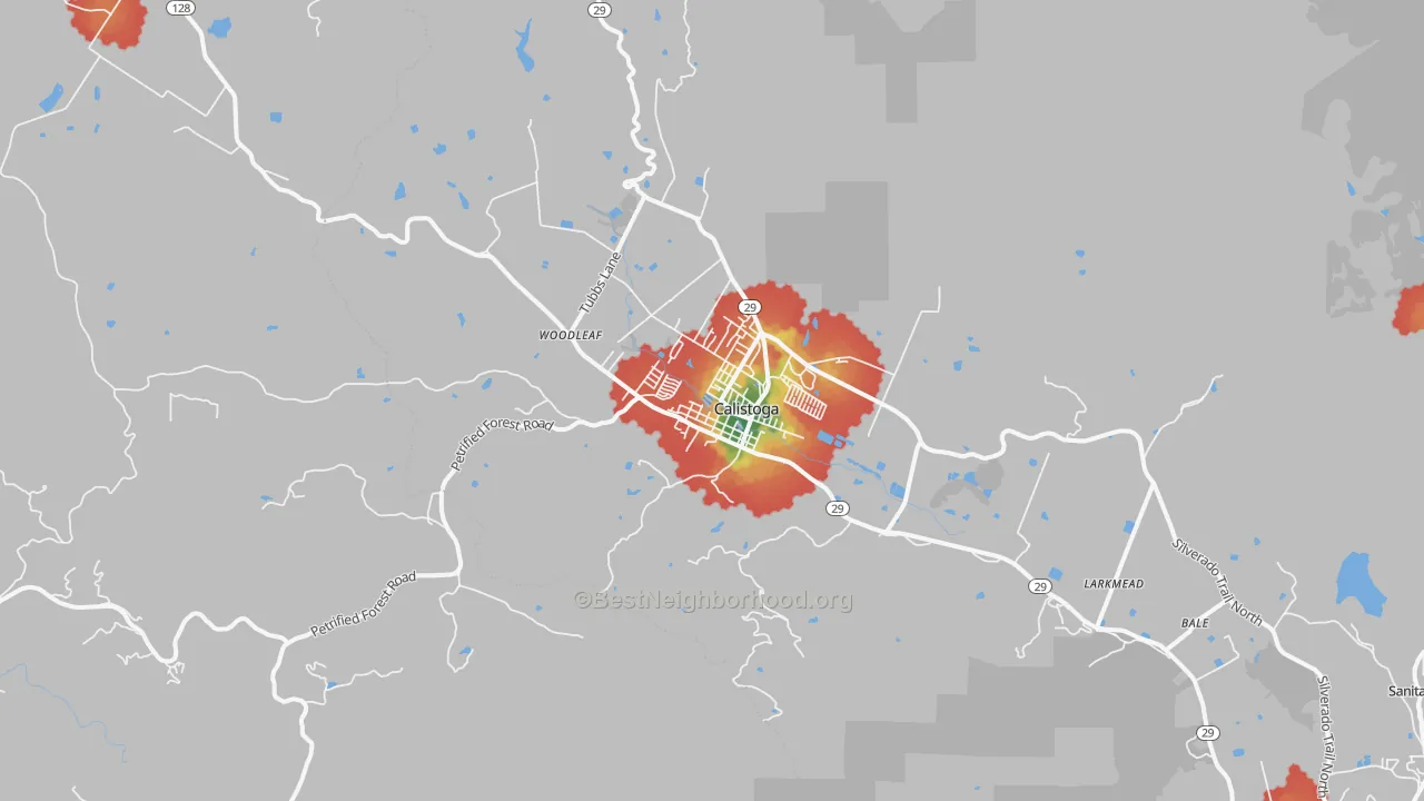 Walk Grade map of Calistoga, CA, walkable areas in green and car-dependent areas in red