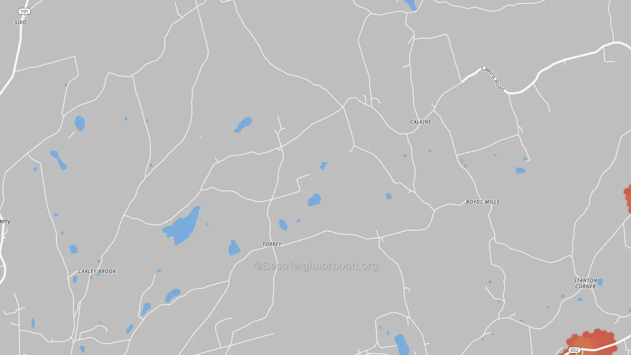 Walk Grade map of Calkins, PA, walkable areas in green and car-dependent areas in red