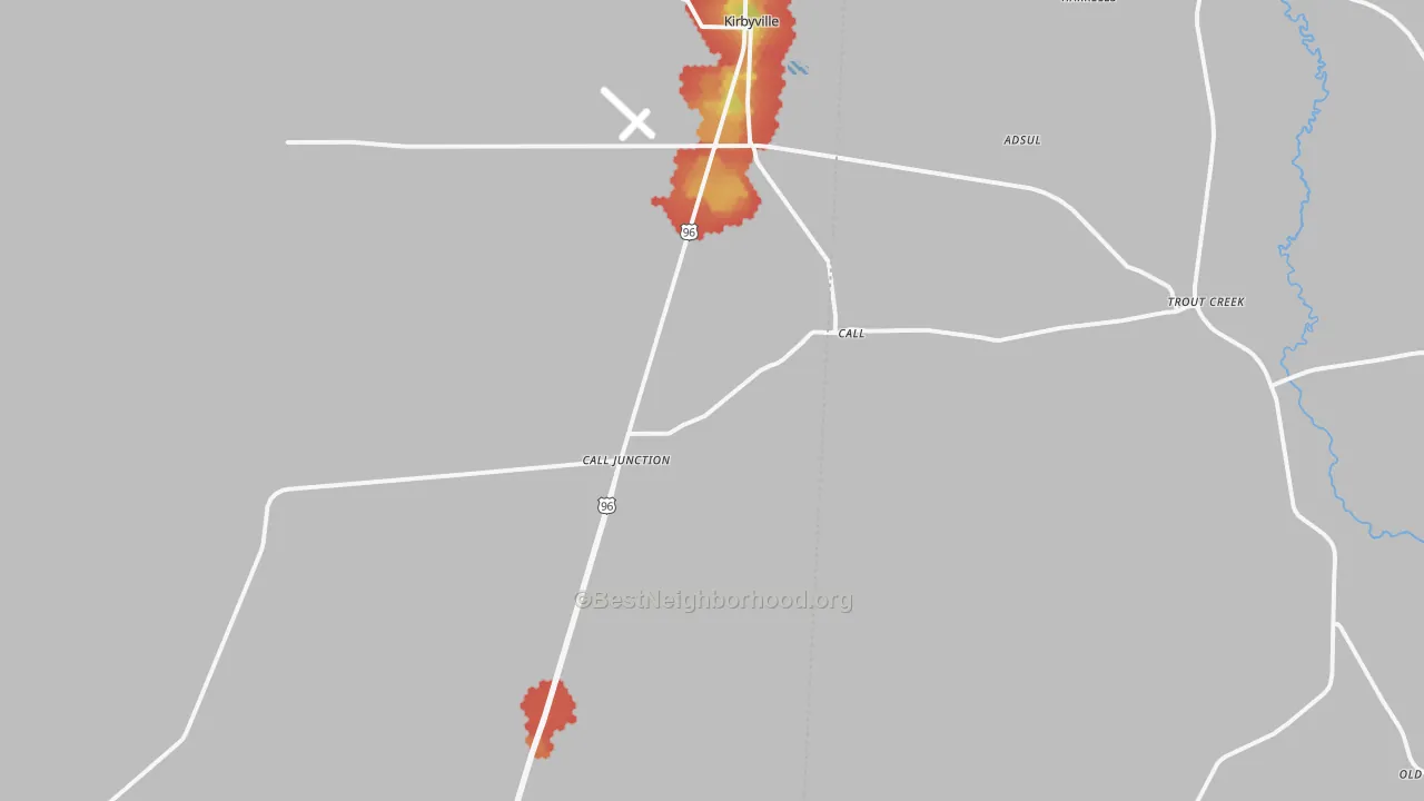 Walk Grade map of Call, TX, walkable areas in green and car-dependent areas in red