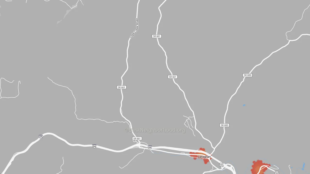Walk Grade map of Callaghan, VA, walkable areas in green and car-dependent areas in red