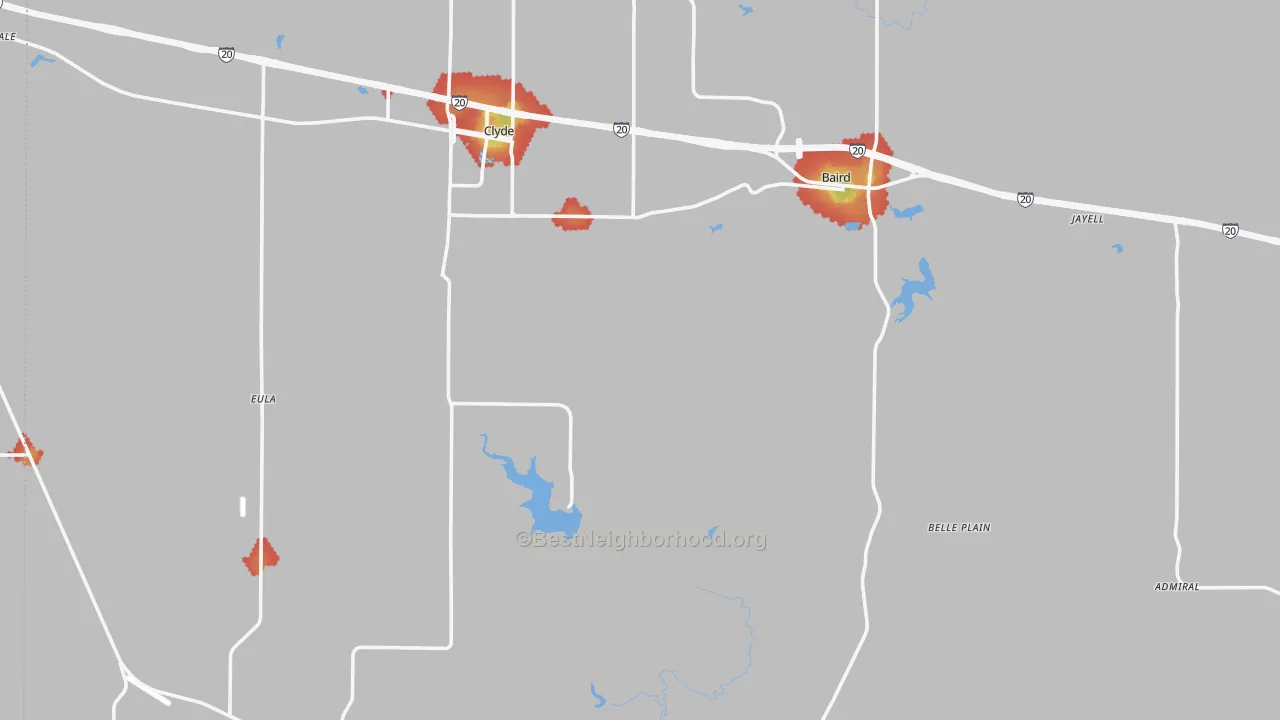 Walk Grade map of Callahan County, TX, walkable areas in green and car-dependent areas in red
