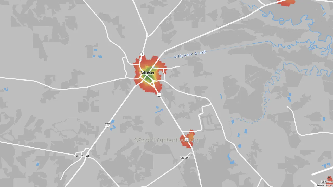 Walk Grade map of Callahan, FL, walkable areas in green and car-dependent areas in red