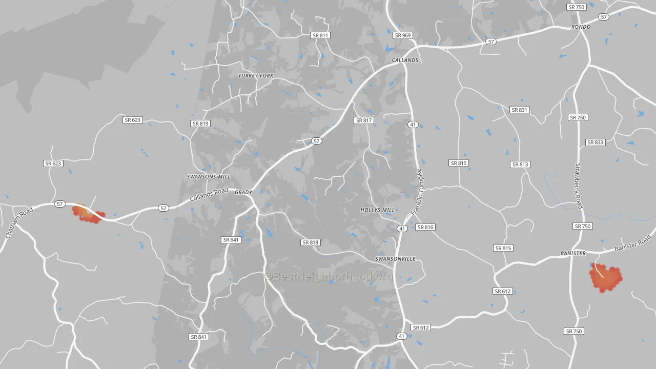Walk Grade map of Callands, VA, walkable areas in green and car-dependent areas in red
