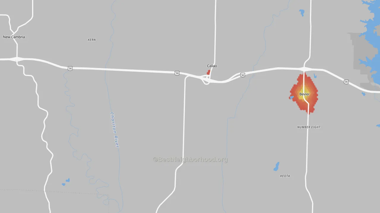 Walk Grade map of Callao, MO, walkable areas in green and car-dependent areas in red