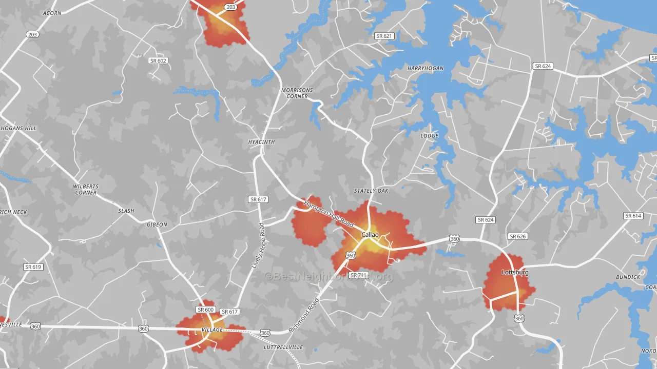 Walk Grade map of Callao, VA, walkable areas in green and car-dependent areas in red