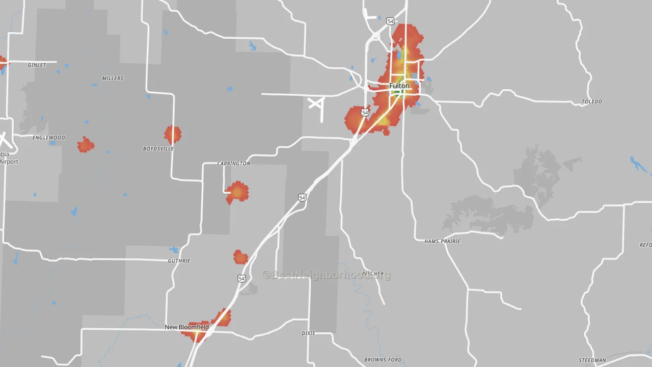 Walk Grade map of Callaway County, MO, walkable areas in green and car-dependent areas in red