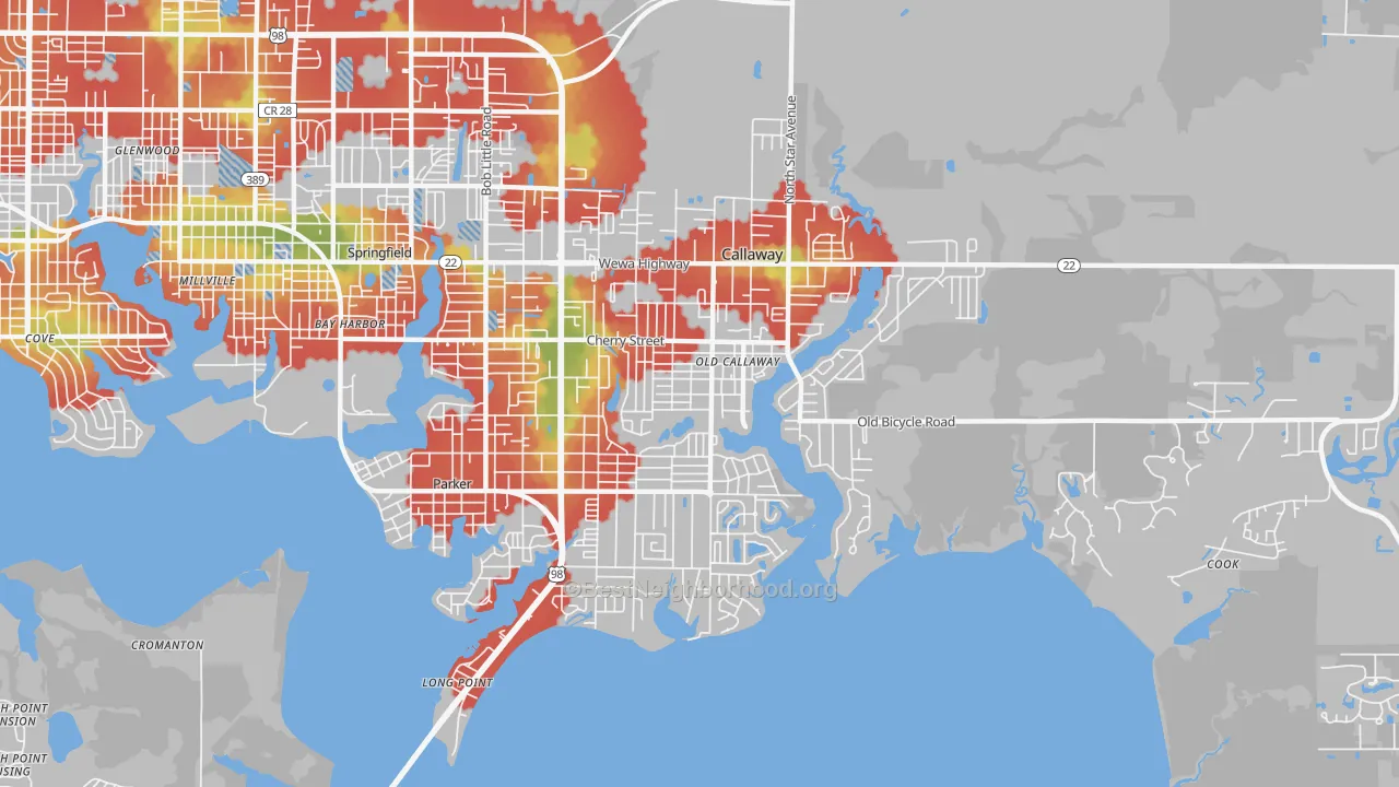 Walk Grade map of Callaway, FL, walkable areas in green and car-dependent areas in red