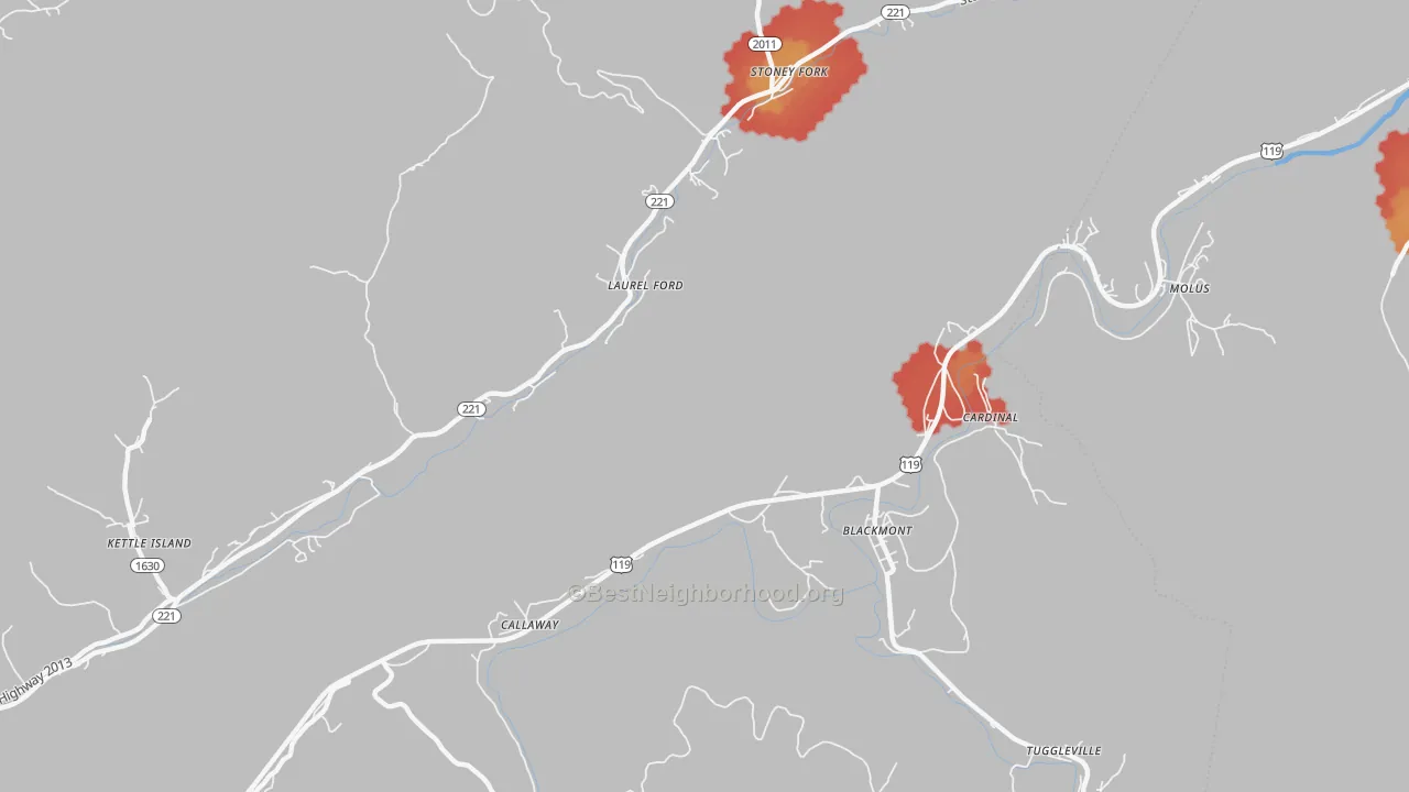 Walk Grade map of Callaway, KY, walkable areas in green and car-dependent areas in red