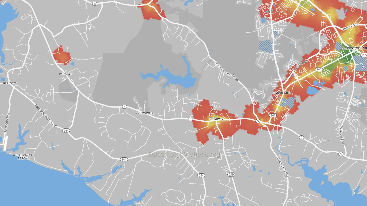 Walk Grade map of Callaway, MD, walkable areas in green and car-dependent areas in red