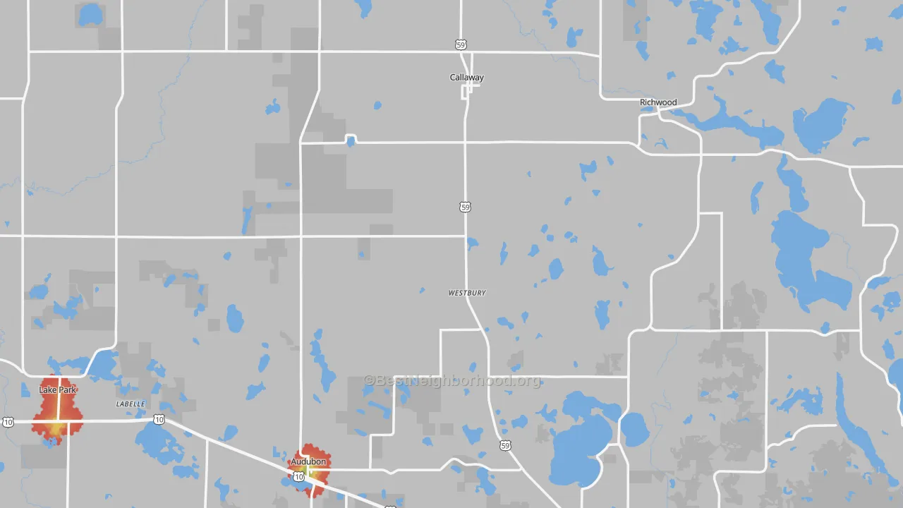 Walk Grade map of Callaway, MN, walkable areas in green and car-dependent areas in red