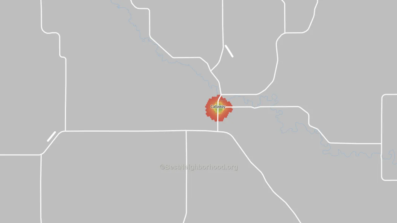 Walk Grade map of Callaway, NE, walkable areas in green and car-dependent areas in red