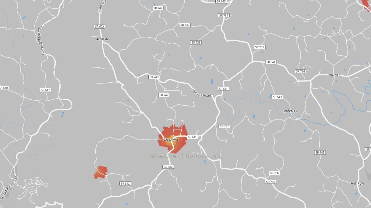 Walk Grade map of Callaway, VA, walkable areas in green and car-dependent areas in red