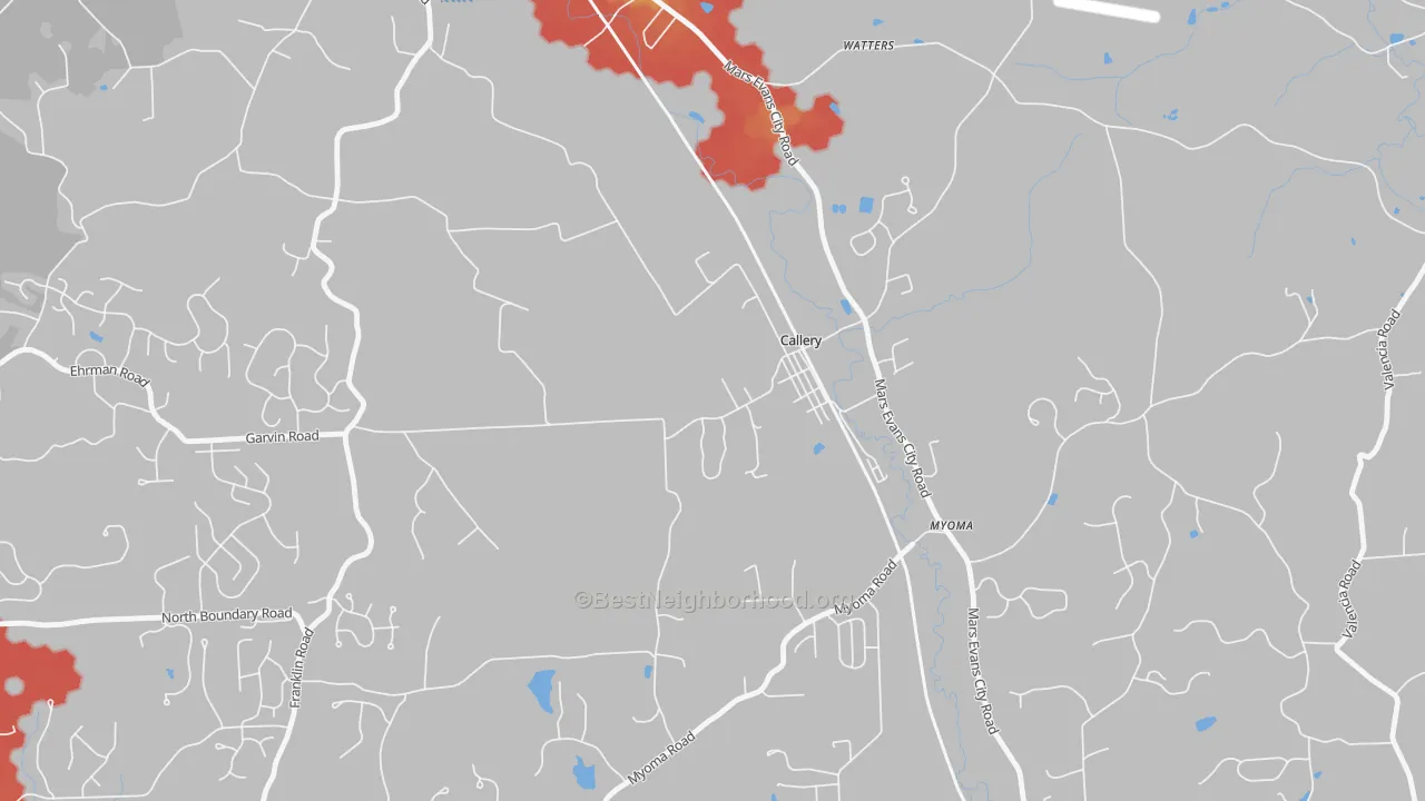 Walk Grade map of Callery, PA, walkable areas in green and car-dependent areas in red