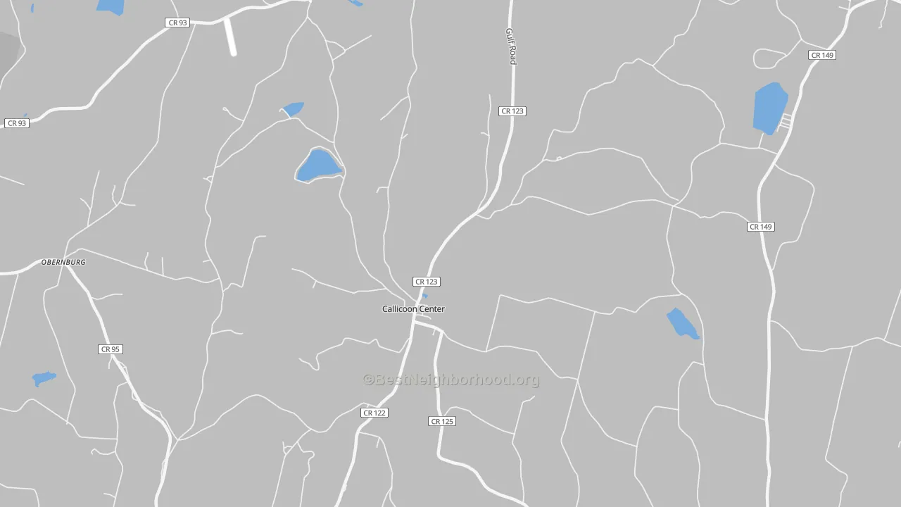 Walk Grade map of Callicoon Center, NY, walkable areas in green and car-dependent areas in red