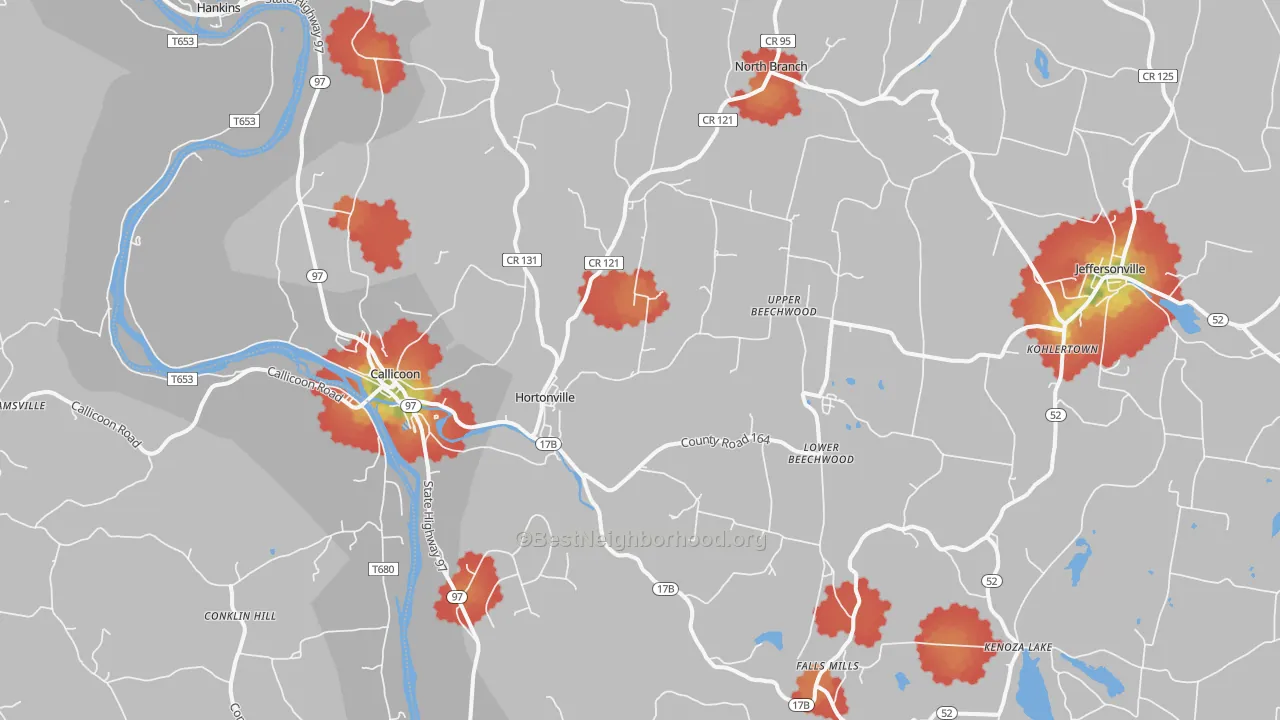 Walk Grade map of Callicoon, NY, walkable areas in green and car-dependent areas in red