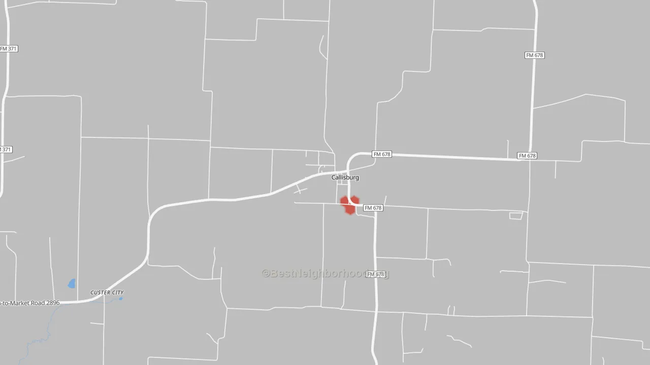 Walk Grade map of Callisburg, TX, walkable areas in green and car-dependent areas in red