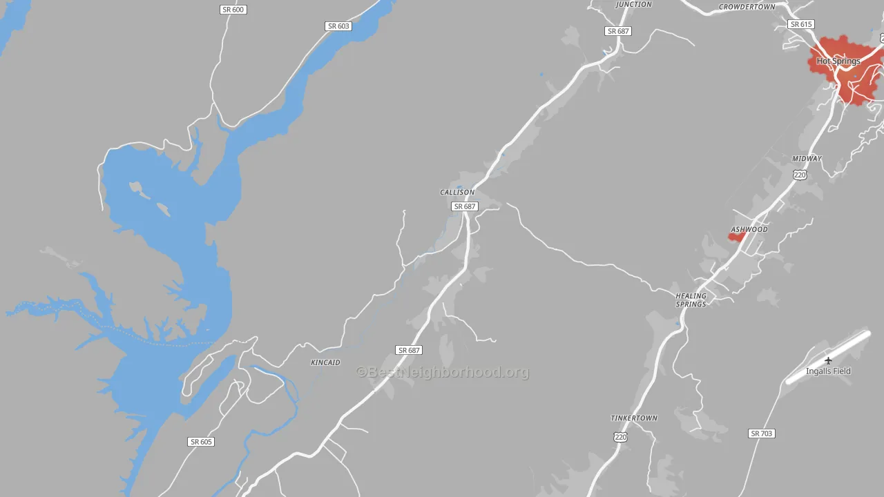 Walk Grade map of Callison, VA, walkable areas in green and car-dependent areas in red