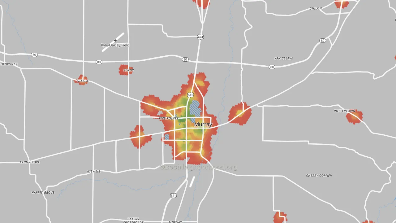 Walk Grade map of Calloway County, KY, walkable areas in green and car-dependent areas in red