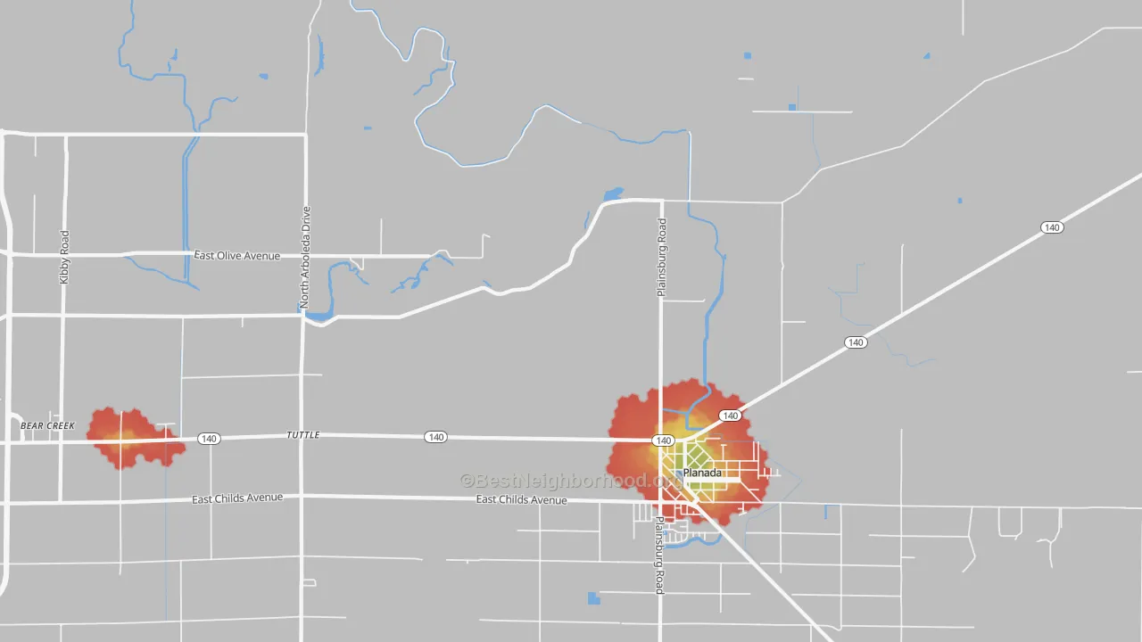 Walk Grade map of Calpack, CA, walkable areas in green and car-dependent areas in red