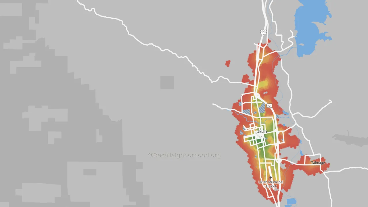 Walk Grade map of Calpella, CA, walkable areas in green and car-dependent areas in red