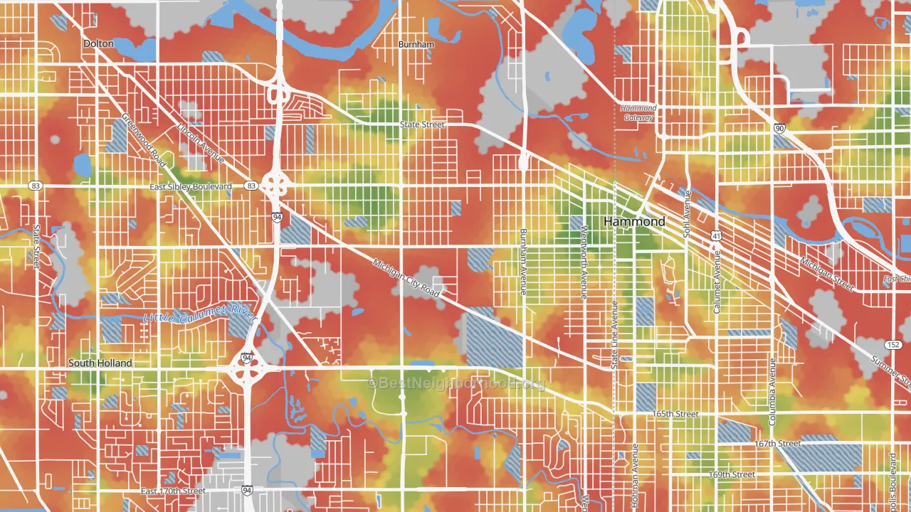 Walk Grade map of Calumet City, IL, walkable areas in green and car-dependent areas in red