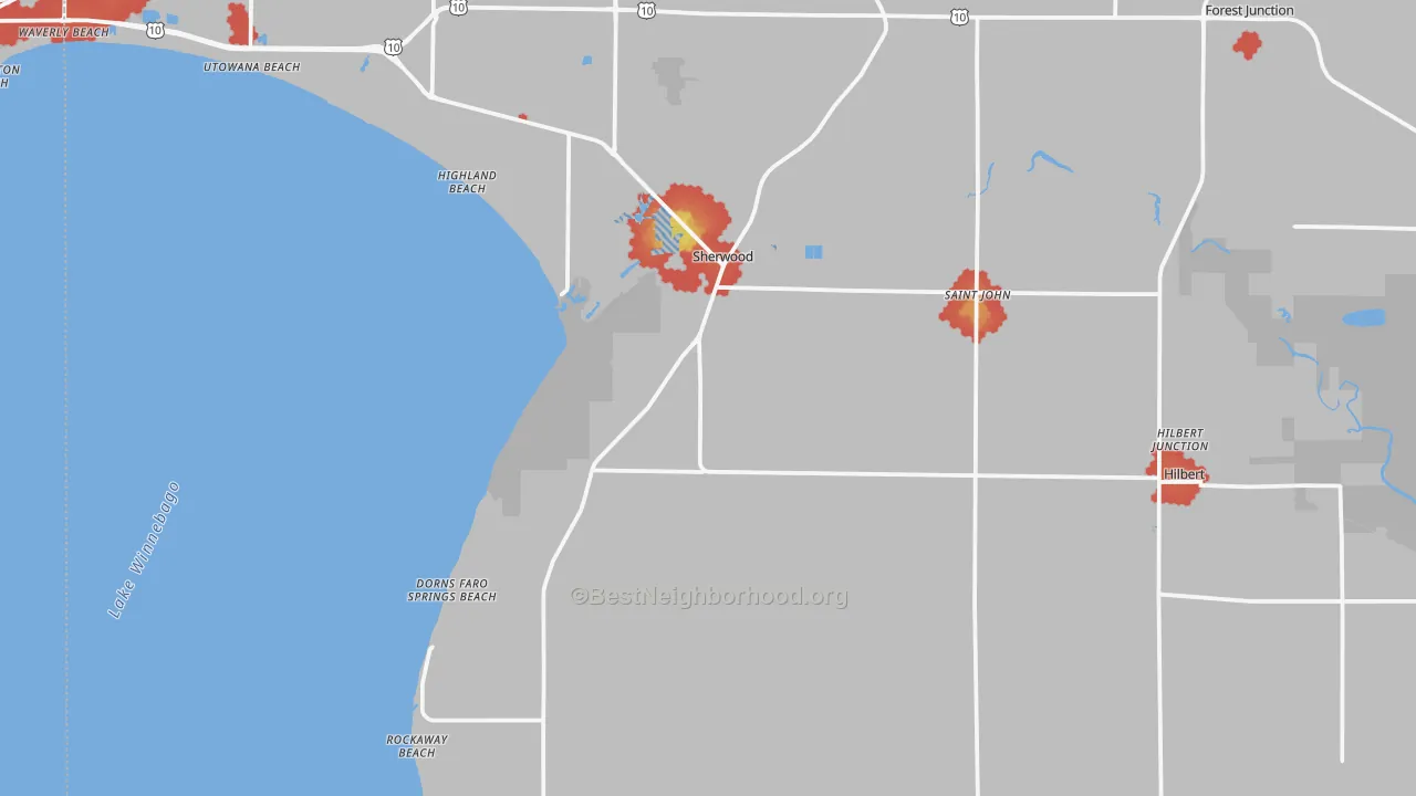 Walk Grade map of Calumet County, WI, walkable areas in green and car-dependent areas in red