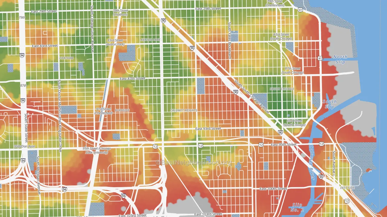 Walk Grade map of Calumet Heights, Chicago, IL, walkable areas in green and car-dependent areas in red